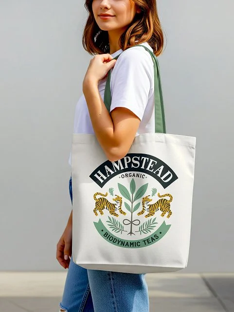 Young woman holding a tote bag with a logo for Hampstead Organic Biodynamic Teas, featuring two tigers, leaves, and text.