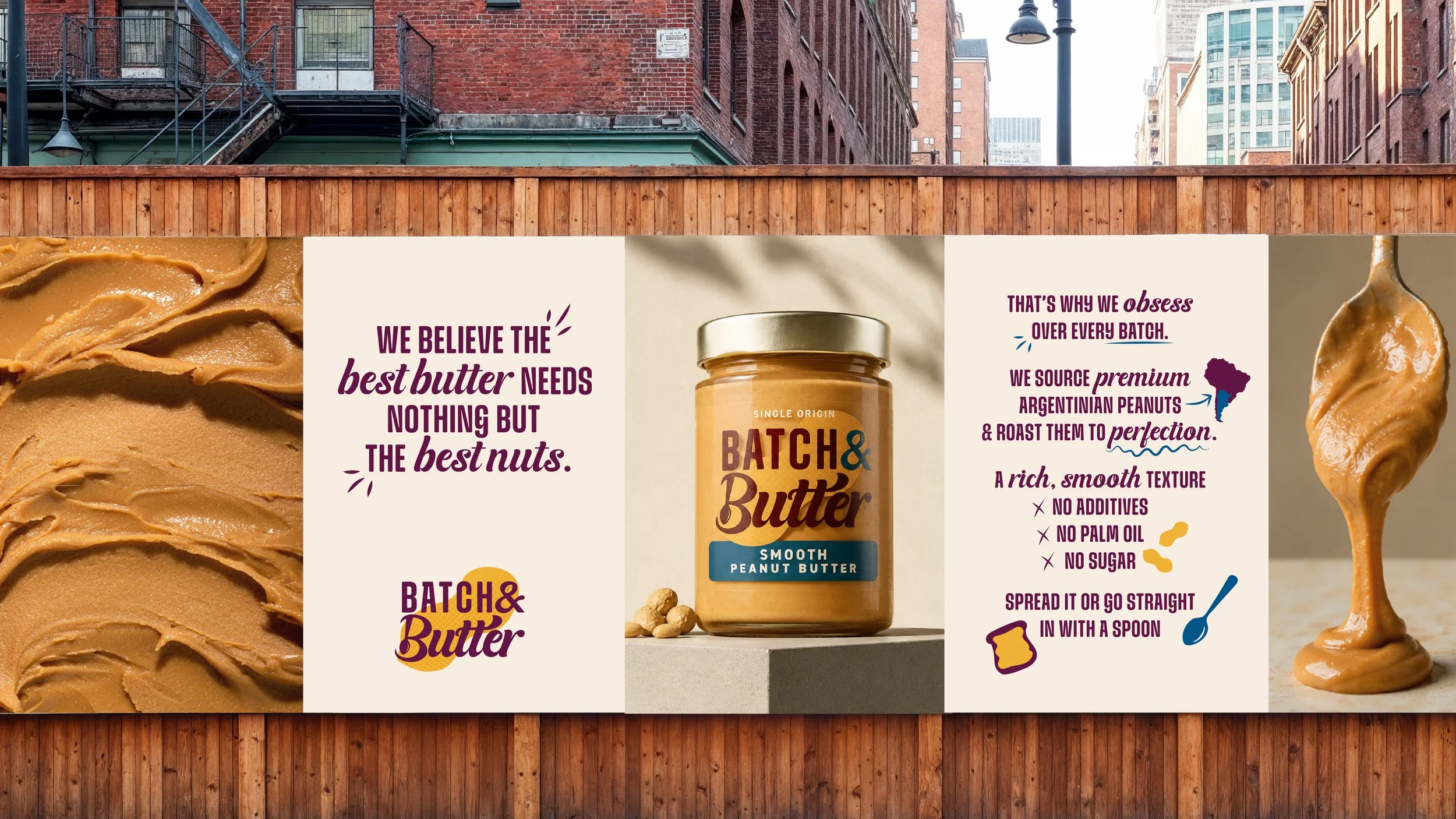 Advertisement for Batch & Butter peanut butter featuring a jar of smooth peanut butter, with text highlighting that they source premium Argentinean peanuts and roast them to perfection. The ad emphasizes that the peanut butter has a rich, smooth text