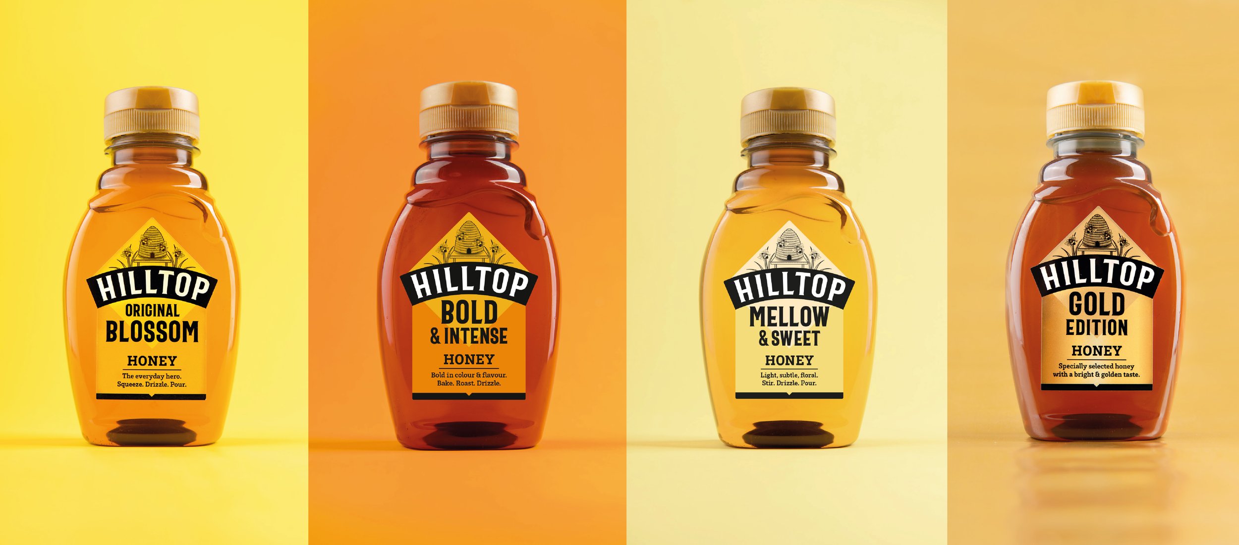 Four bottles of Hilltop honey with different labels and background colors, displaying various honey varieties: Original Blossom, Bold & Intense, Mellow & Sweet, and Gold Edition.