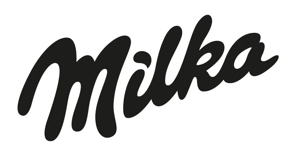 Black Milka logo with cursive font on white background.