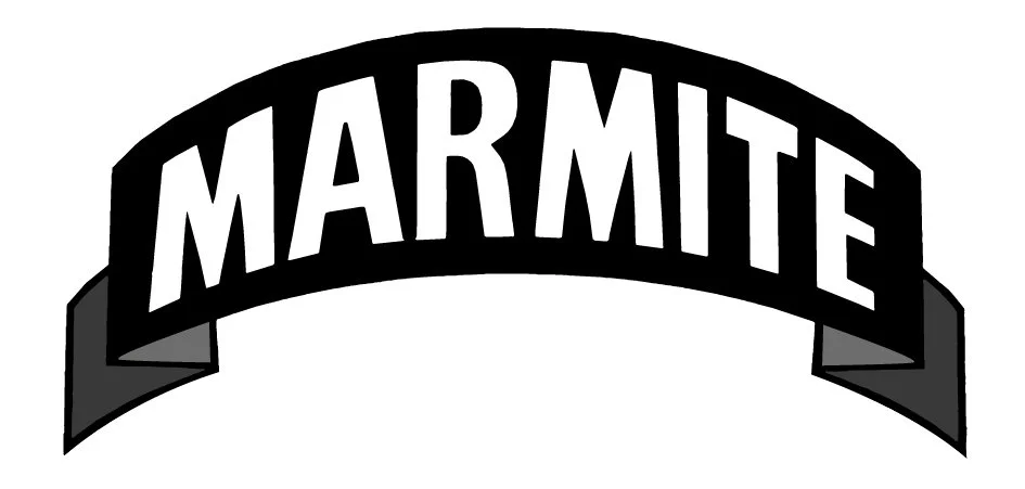 Black and white logo with the word "MARMITE" in bold letters on a curved banner
