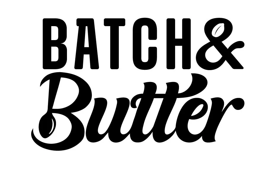 Text graphic reading "BATCH & Butter" with a small leaf icon above the letter 'e' in "Butter".