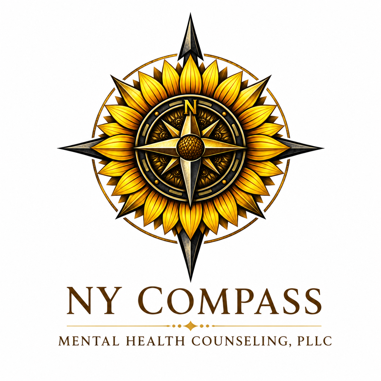 A decorative logo with a gold and black compass surrounded by yellow sunflower petals. Text below reads 'NY COMPASS' and 'Mental Health Counseling, PLLC'.