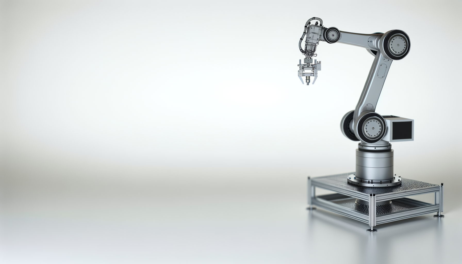 A robotic arm with a multi-jointed metallic structure is positioned on a metal platform with a grated surface. The arm has a gripper or tool at its end and is set against a plain, light-colored background.