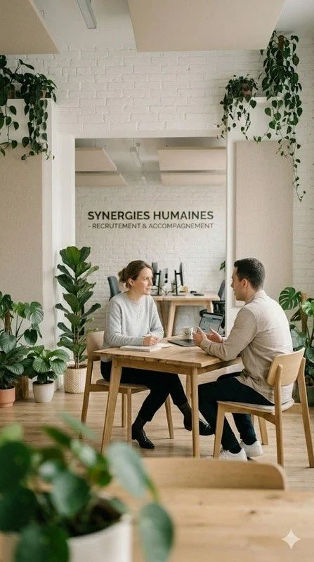 Deux personnes conversent dans un espace de bureau moderne avec beaucoup de plantes vertes et un mur blanc, signé "SYNERGIES HUMAINES RECRUTEMENT & ACCOMPAGNEMENT".