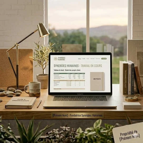 Un bureau avec un ordinateur portable affichant un tableau de bord sur le site web de Synergies Humaines, entouré de livres, d'une lampe, de plantes et de pierres, avec une grande fenêtre en arrière-plan montrant une vue de verdure et de collines.