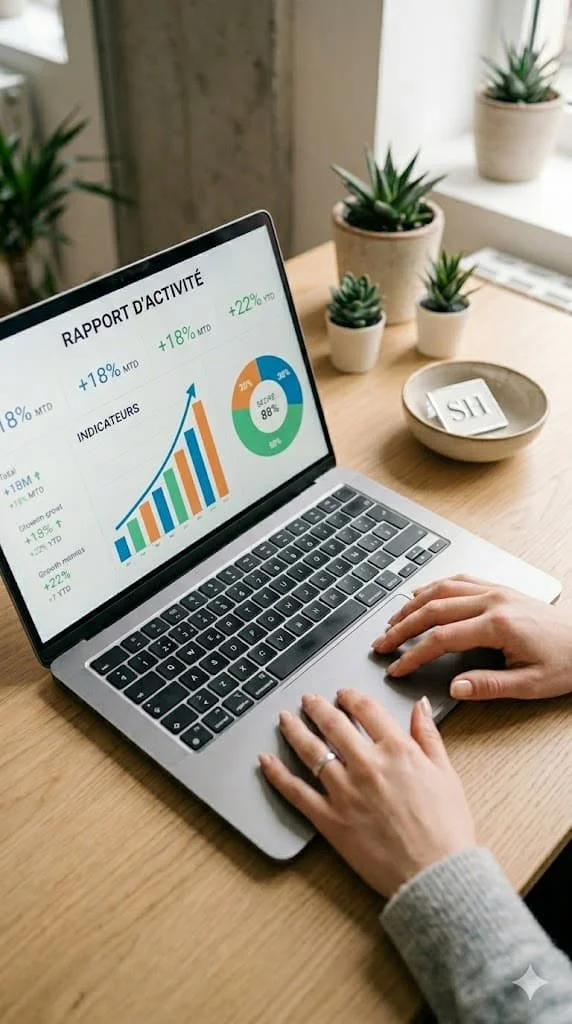 Une personne utilisant un ordinateur portable affichant un rapport d'activité avec des graphiques et des statistiques, sur une table en bois avec des plantes en pot en arrière-plan.