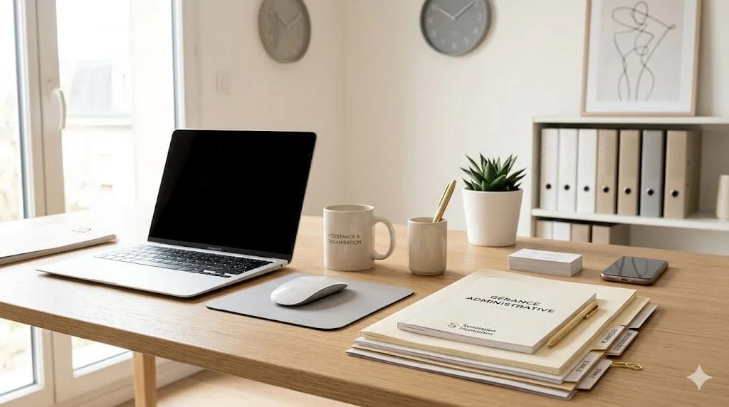 Bureau organisé avec un ordinateur portable ouvert, une souris, une tasse, un pot à crayons avec une plante, un smartphone, et des documents sur une table en bois, dans un espace de travail moderne.