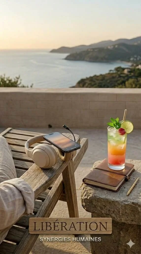 Une décoration avec une boisson colorée, un carnet, une tête headphones, et une vue sur la mer et la côte au coucher du soleil ou lever de soleil.