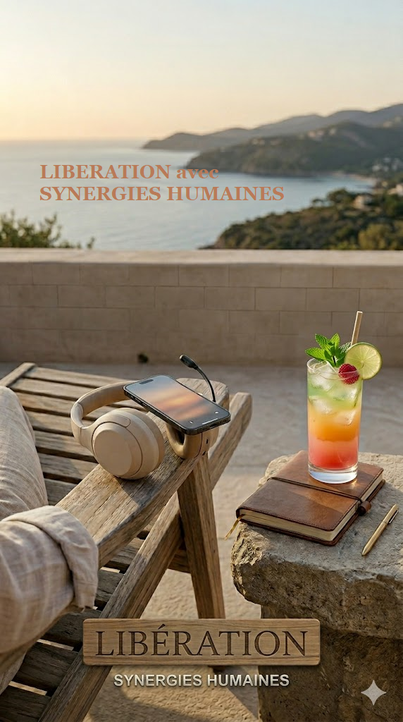 Moment de détente avec cocktail et carnet de notes face à la mer, illustrant la libération mentale des dirigeants grâce à Synergies Humaines.
