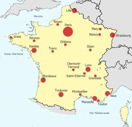 Carte de france avec les principales villes en fonction de leurs dynamismes