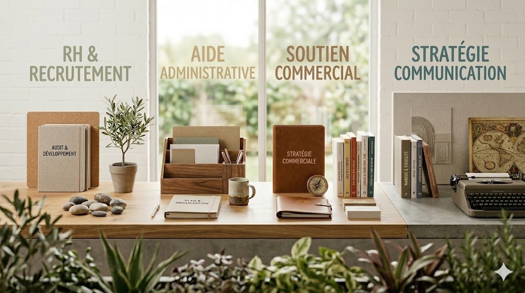 Plateau de bureau organisé présentant les pôles d'expertise de Synergies Humaines : RH, recrutement, aide administrative et stratégie commerciale.
