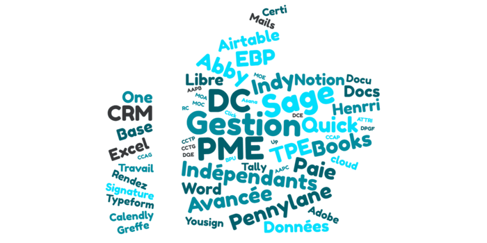 Nuage de mots en anglais et français liés à la gestion d'entreprise et à l'informatique, incluant des termes comme Sage, PME, gestion, ERP, données, logiciel, comptabilité, et gestion.