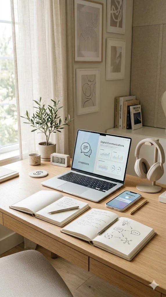 bureau avec ordinateur envoquant le communication digitale, espace de travail serein