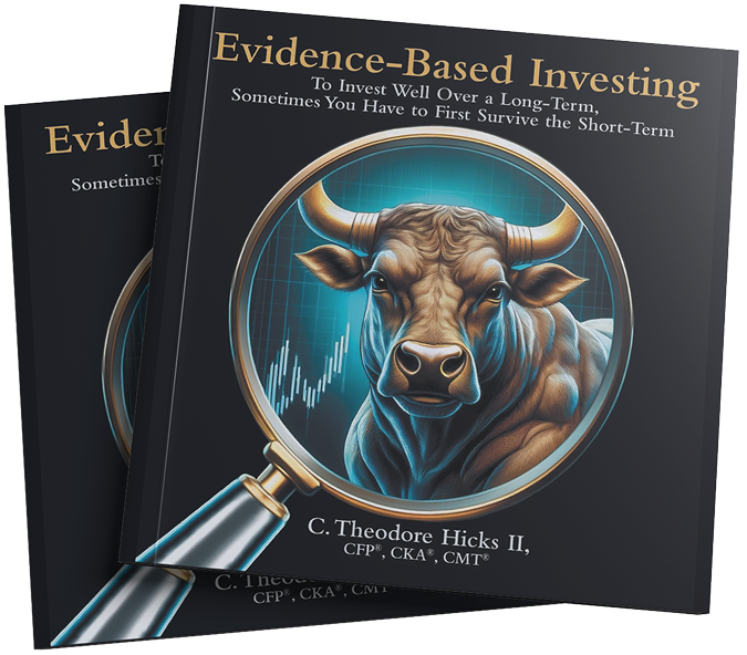 A book titled "Evidence-Based Investing" with a subtitle about long-term investing and surviving short-term. The cover features a bull's head inside a magnifying glass with bar graphs in the background.