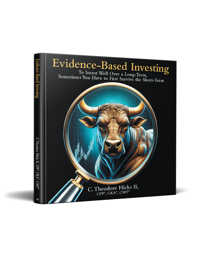 A black hardcover book titled "Evidence-Based Investing" with a subtitle about investing over the long-term. The cover features a bull's head inside a magnifying glass with stock market graph lines in the background.
