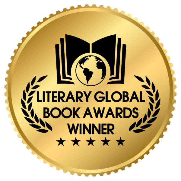 Gold circular award badge for Literary Global Book Awards Winner with an open book and globe icon, surrounded by laurel branches and five stars at the bottom.