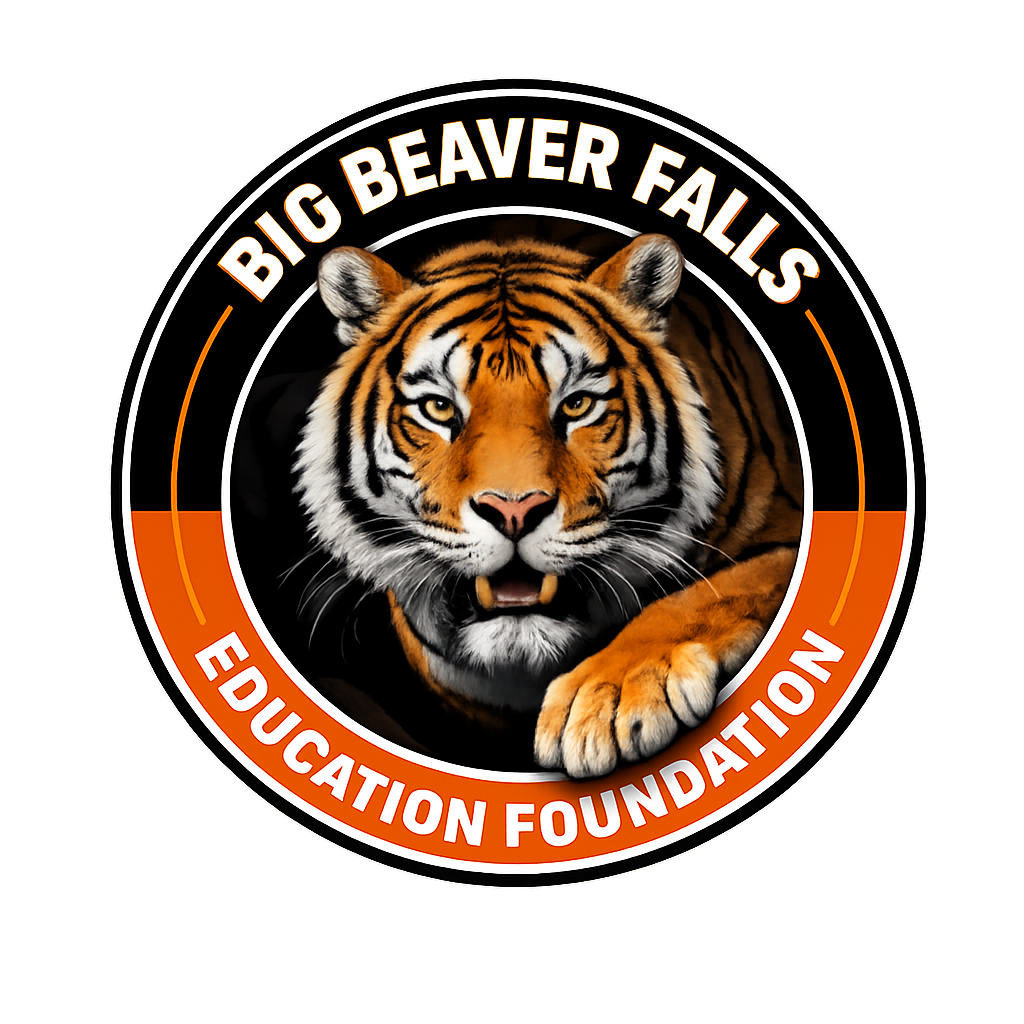 Logo of animated tiger surrounded by words "Big Beaver Falls Education Foundation"