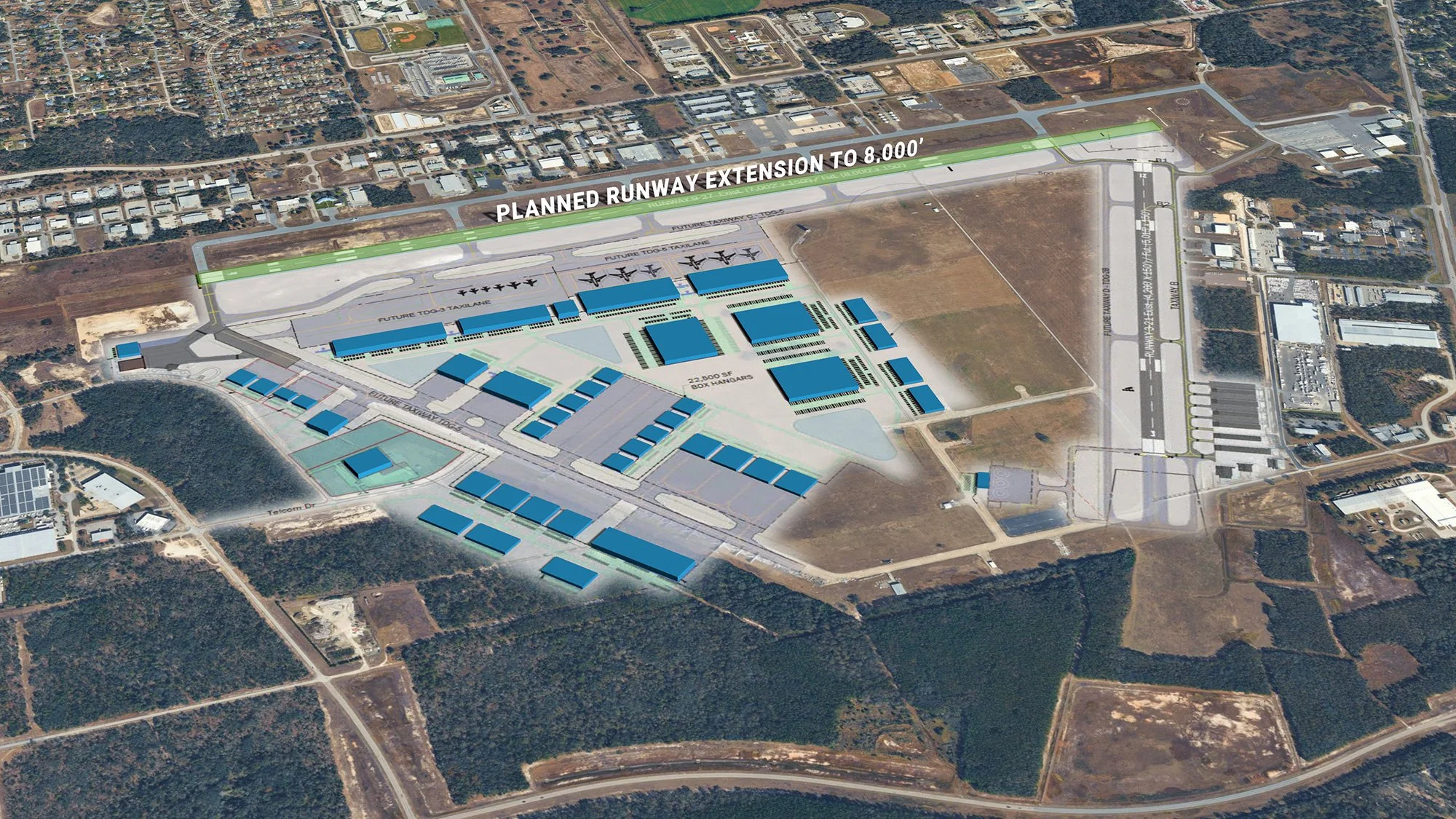 Aerial view of an airport development site with blue building outlines