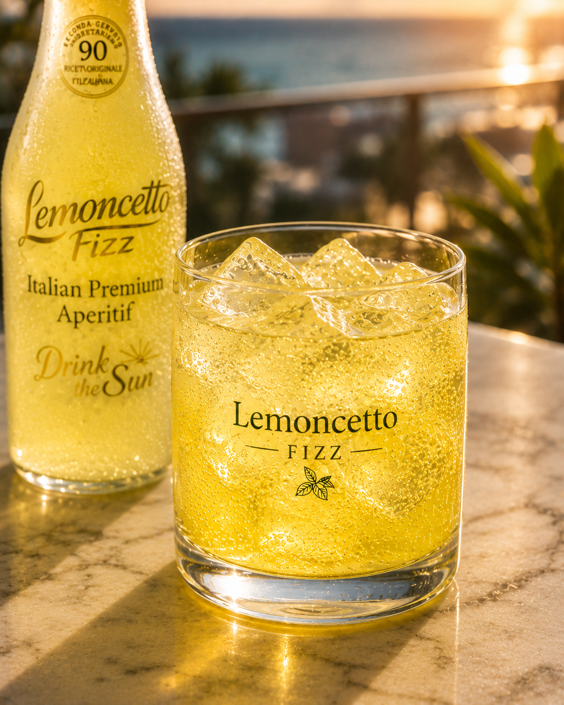 A glass of yellow lemon-flavored soda with ice cubes and condensation on the outside, placed on a marble surface with a bottle of Lemoncetto Fizz lemon soda behind it, outdoors at sunset with a blurred city and water in the background.