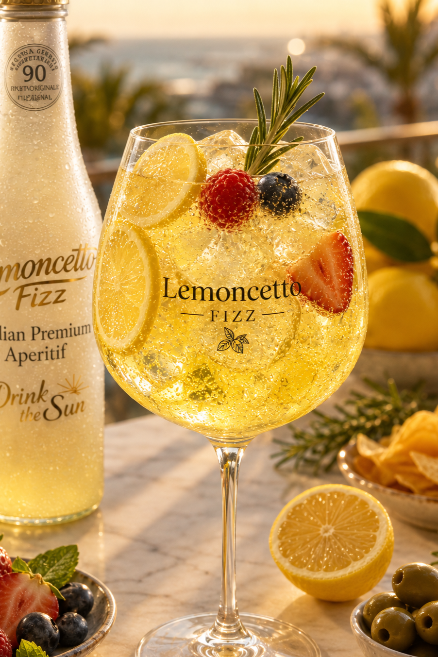 A glass of lemon and berry-fizz cocktail with lemon slices, raspberries, blueberries, strawberries, and a sprig of rosemary, with a lemon half, green olives, and a bottle of Lemoncetto Fizz in the background.