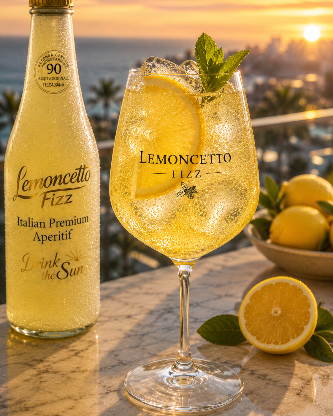 A glass of lemon-flavored sparkling beverage garnished with lemon slices and mint leaves, with a bottle of Lemoncetto Fizz and a bowl of lemons in the background on a marble surface, during sunset.