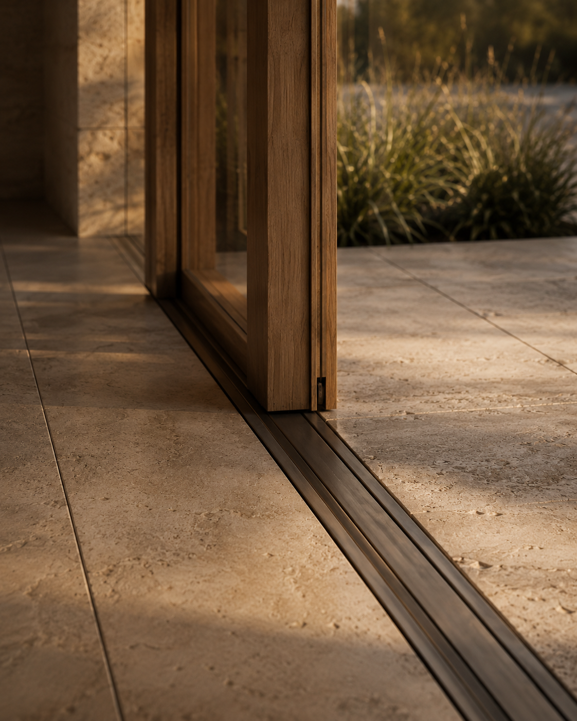 Close-up of a wooden-framed glass door with a sliding track on polished stone tile floor, with outdoor plants visible through the glass, bathed in warm sunlight.