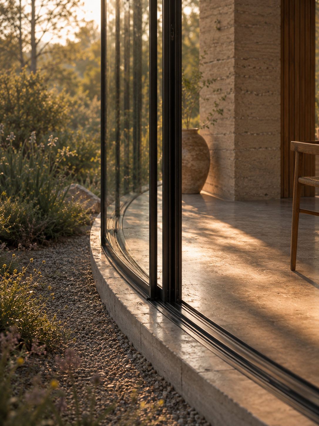 Sunlight shines through a large glass sliding door, framing a view of a garden with plants and trees, and features a wooden chair and a large ceramic vase inside a modern interior with stone and wood accents.