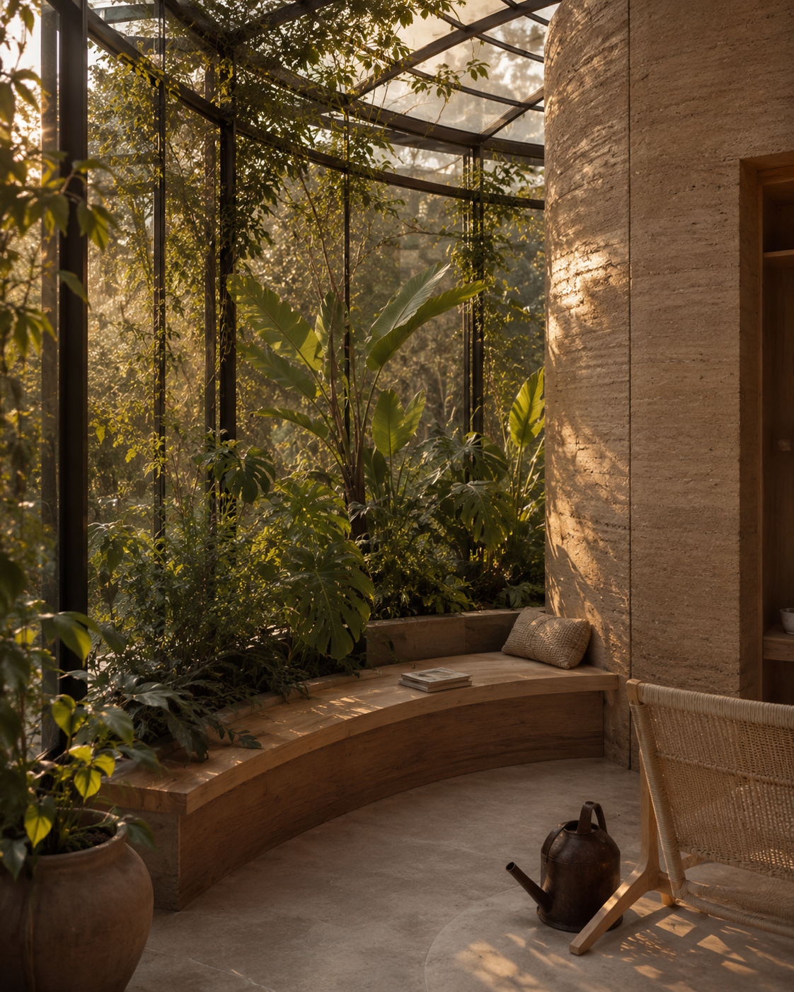 Sunlit indoor garden area with large green leafy plants, a curved wooden bench with a pillow and magazines, a wicker chair, and a watering can, surrounded by glass walls with sunlight filtering through.