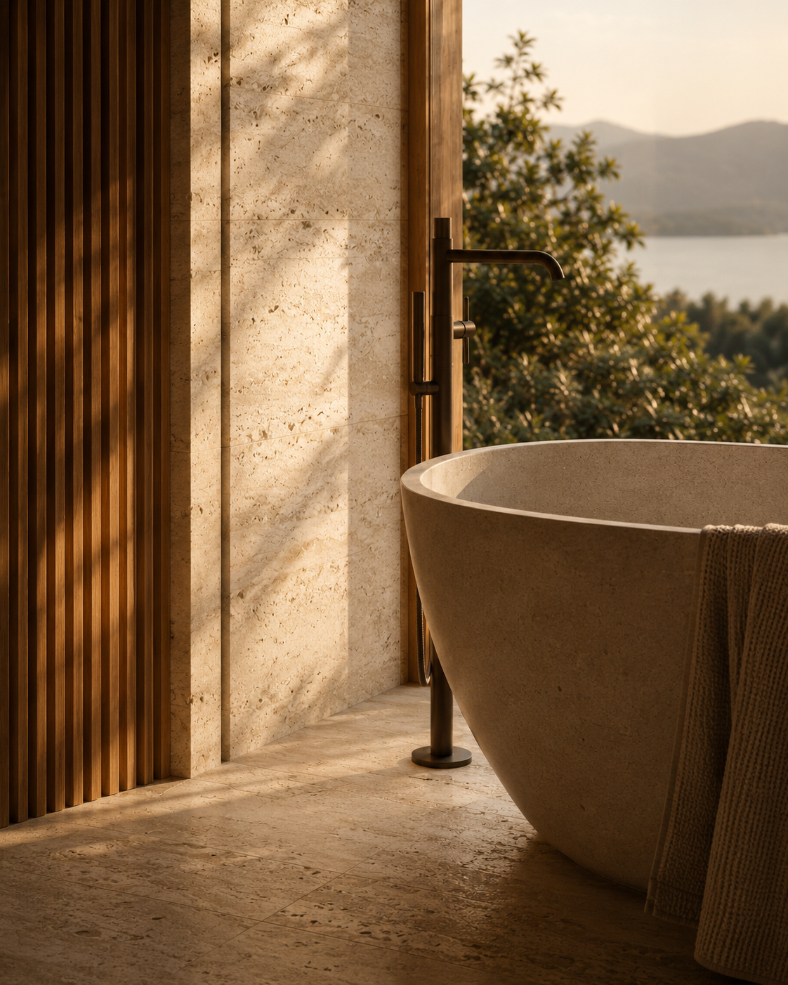 A modern bathroom featuring a freestanding bathtub near a large window with a view of trees, mountains, and water at sunset.