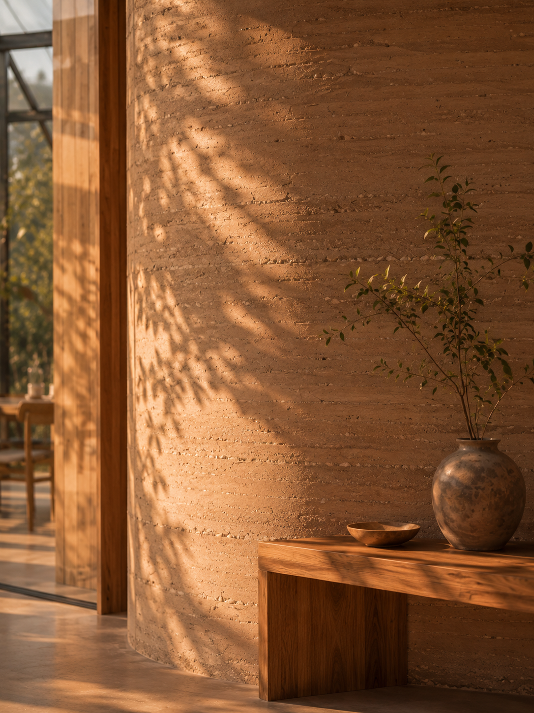 Interior of a modern space with warm lighting, a textured curved wall, a wooden table, a vase with green branches, and a small bowl.