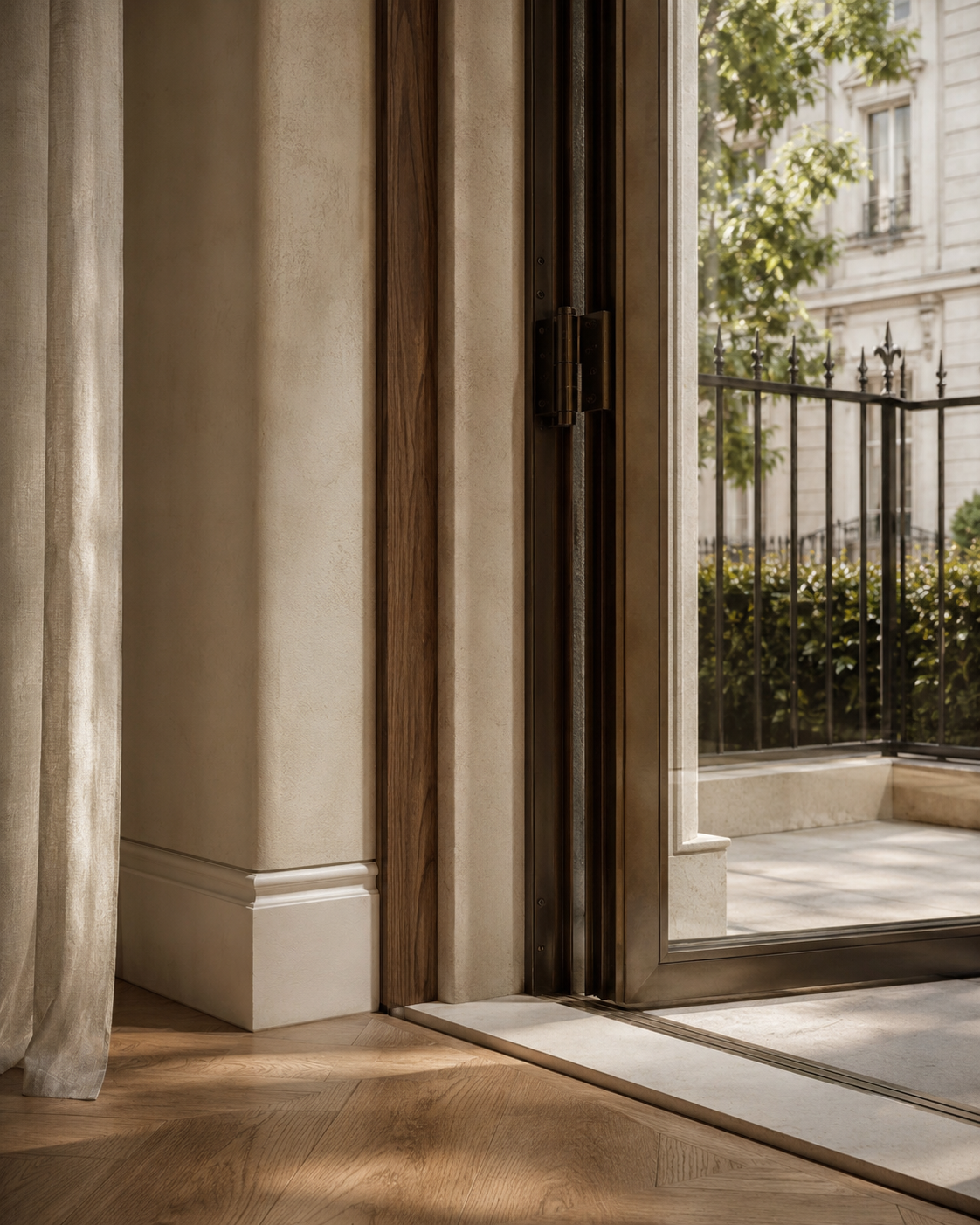Interior view of a glass door leading to an outdoor patio with greenery, wrought iron fence, and nearby buildings.