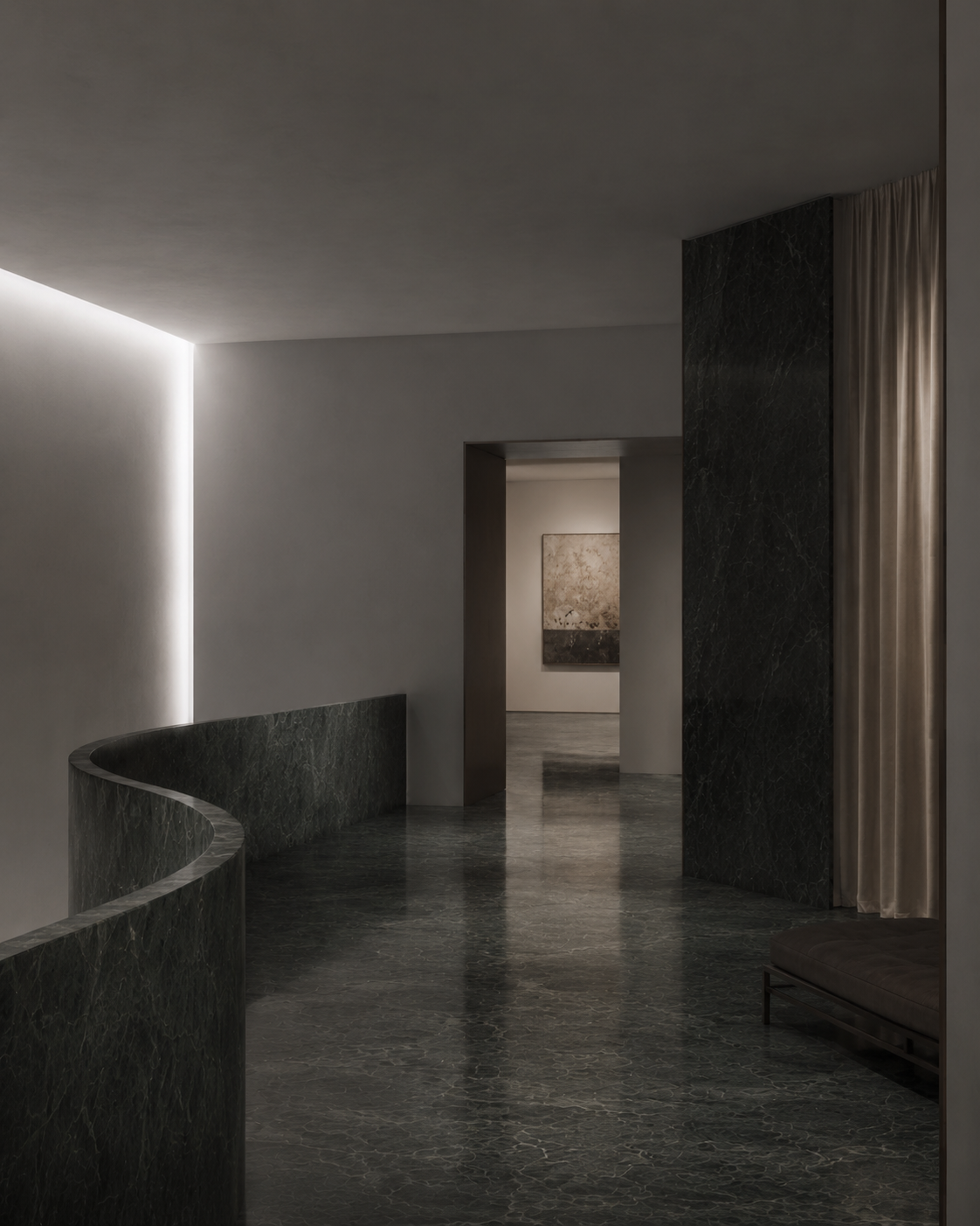 Minimalist interior with dark green marble flooring and curved wall, framed artwork on the wall in the background, and beige curtains beside a marble column.