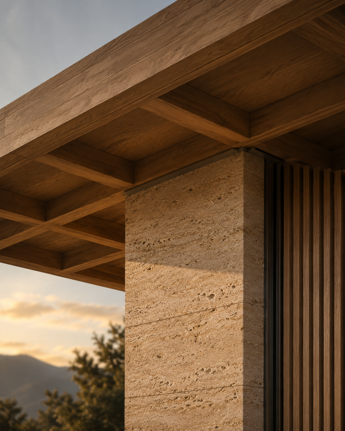 Close-up view of a modern architectural structure featuring a wooden overhang, a textured stone pillar, and vertical wooden slats, with trees and mountains in the background.