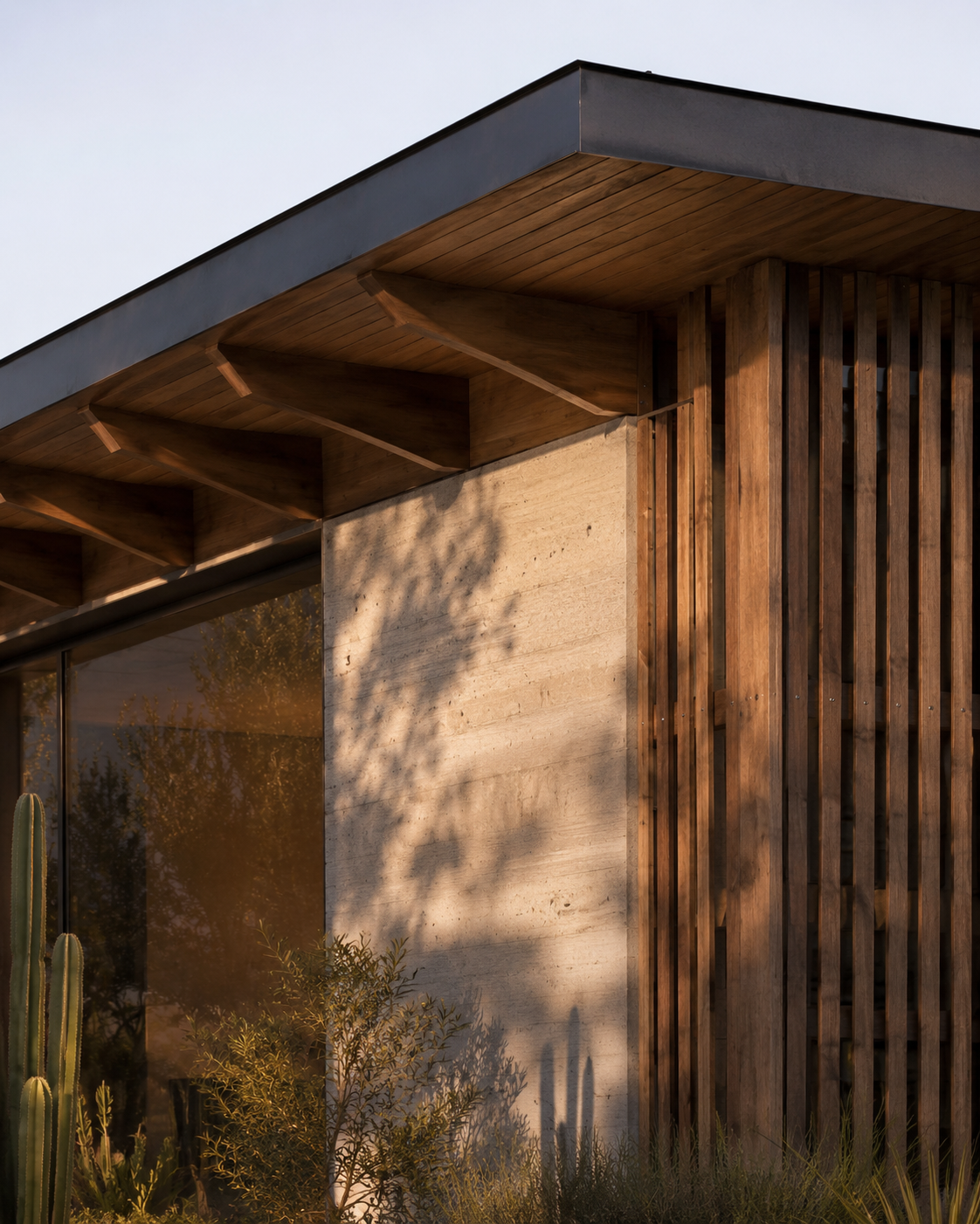 Close-up of a modern house corner showcasing a wooden soffit with visible beams, a stucco wall, vertical wooden slats, and a large glass window reflected with desert plants and a cactus in the foreground.