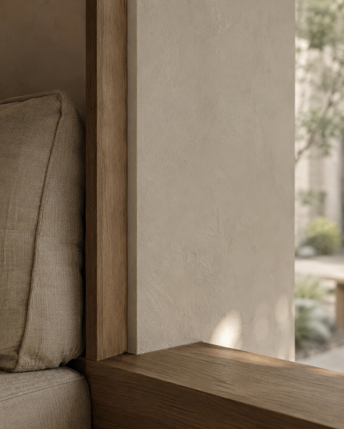 Close-up of a beige upholstered armchair next to a wooden window frame with a textured light-colored wall in the background and outside greenery visible.
