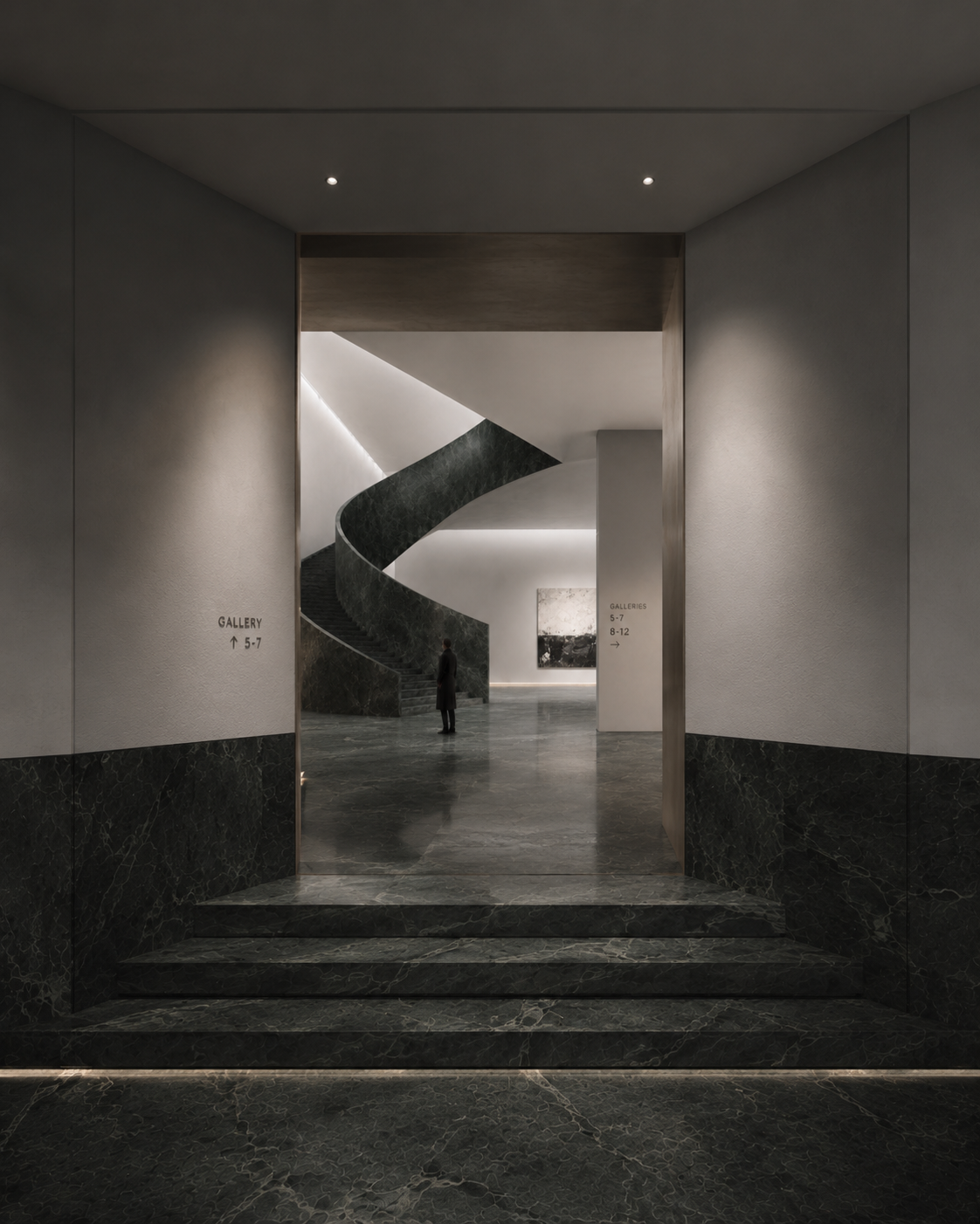 Interior view of an art gallery with a spiral staircase, gray and black marble flooring, and white walls. There are directional signs pointing to different gallery sections.