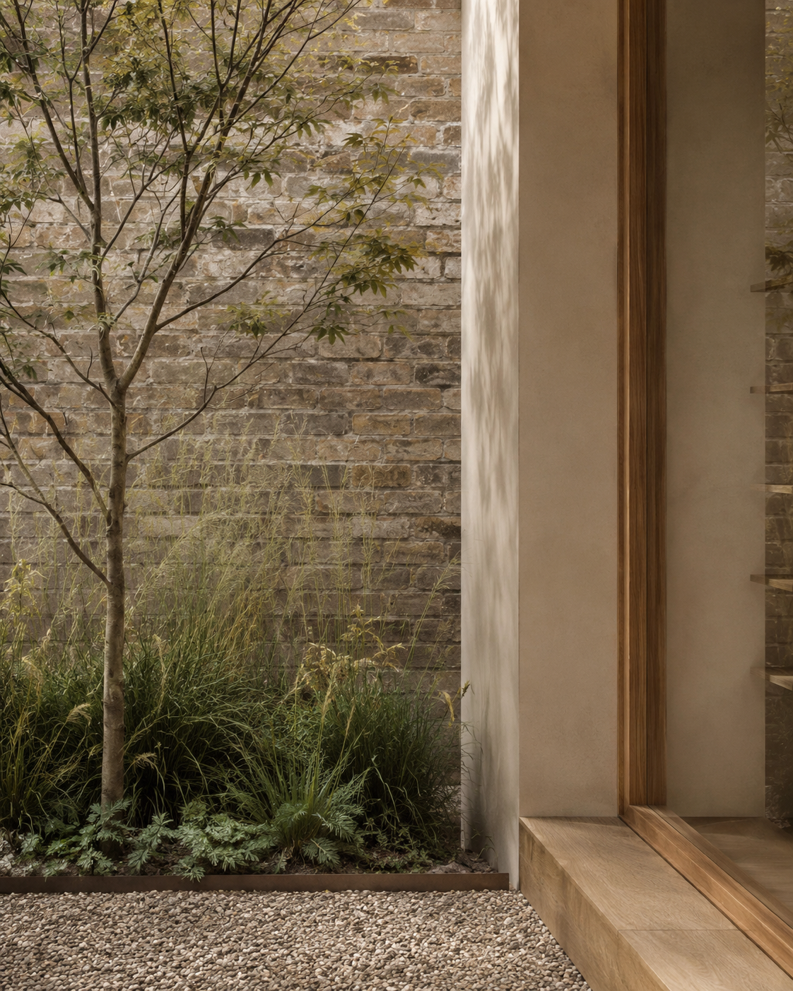 Interior view of a modern space with a garden outside a glass door. The garden has a small tree, tall grasses, and shrubs, with a brick wall in the background. A beige wall and wooden floor frame the door.