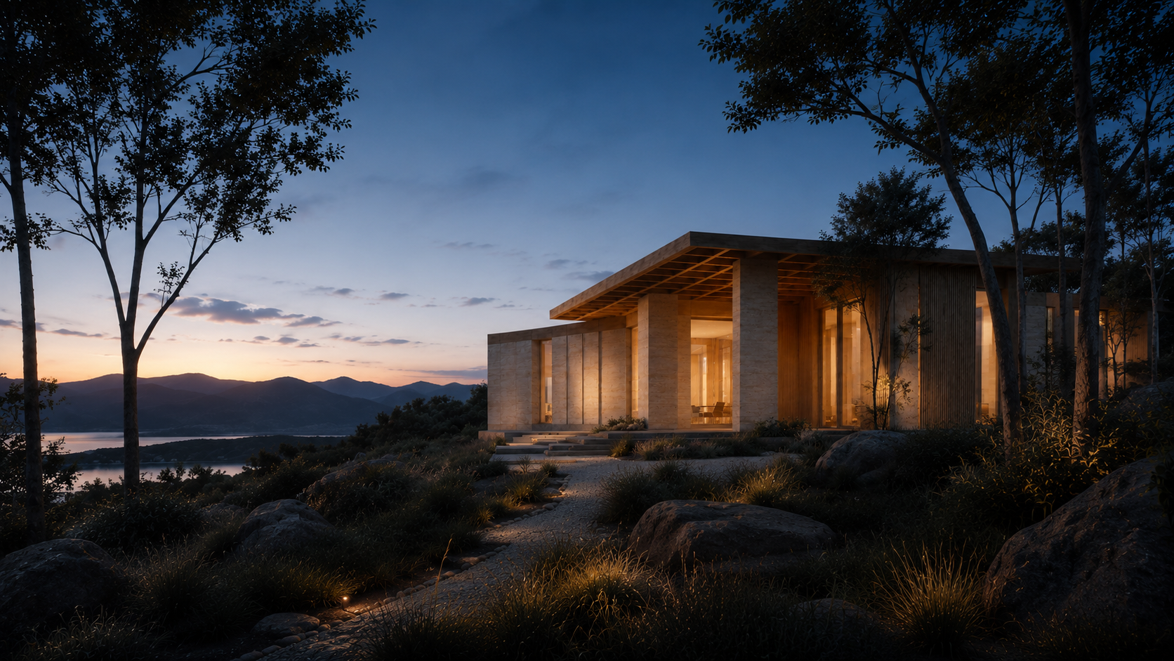 Modern house with large glass windows and wooden accents, illuminated from within, surrounded by trees, rocks, and a pathway, overlooking water and mountains during sunset.