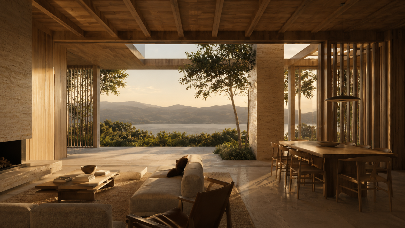 Living room with large open window showcasing a scenic view of mountains, trees, and a body of water during sunset. The interior features wooden beams, a beige sofa, a low coffee table, and a wooden dining table with chairs.