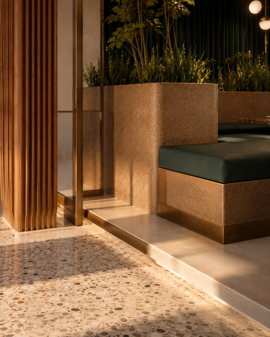 Indoor seating area with terrazzo flooring, wood paneling, green cushioned bench, and large planters with greenery