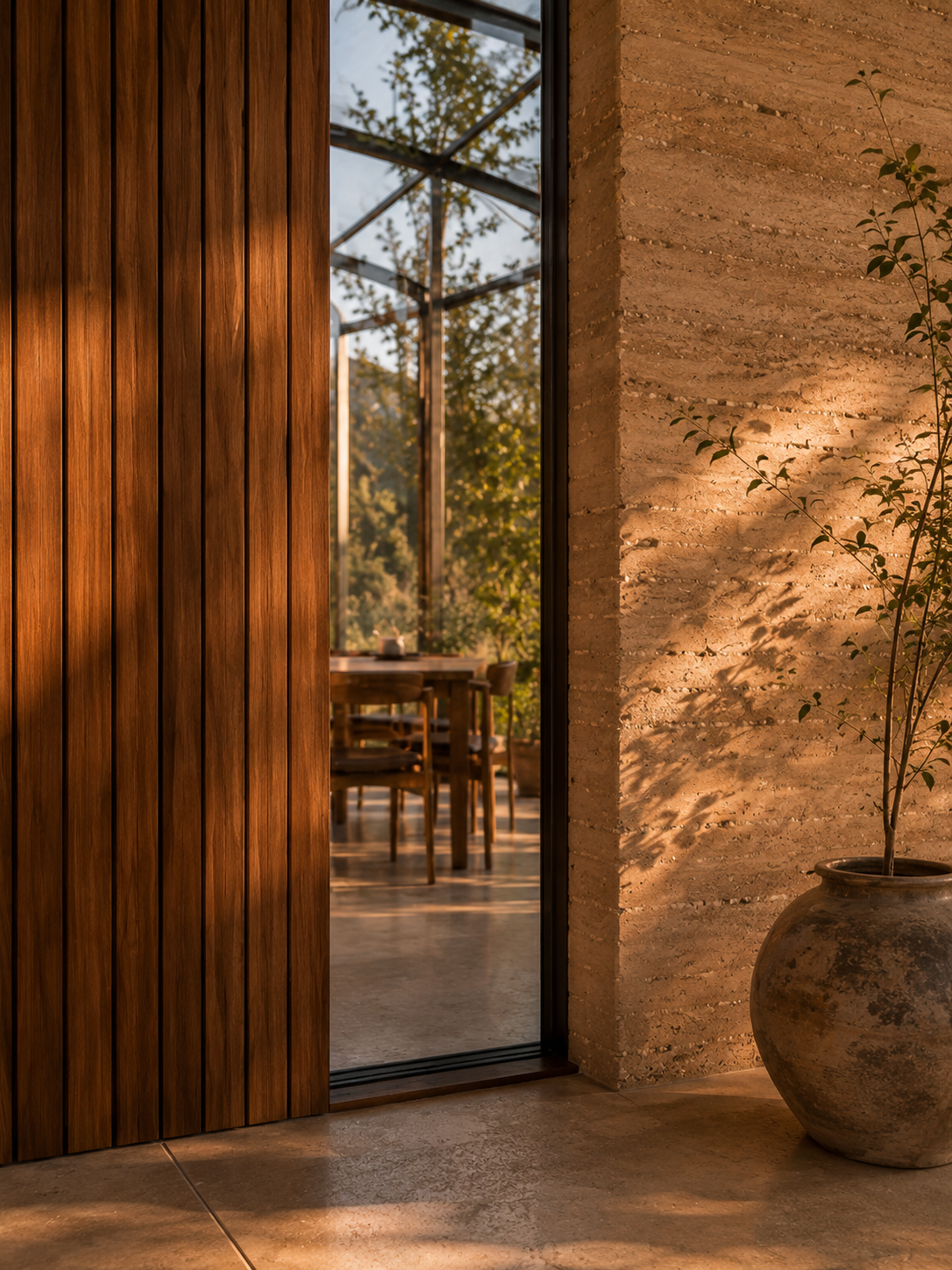 A wooden door with glass panel reveals a dining area with wooden chairs and table, surrounded by greenery and lit by warm sunlight.