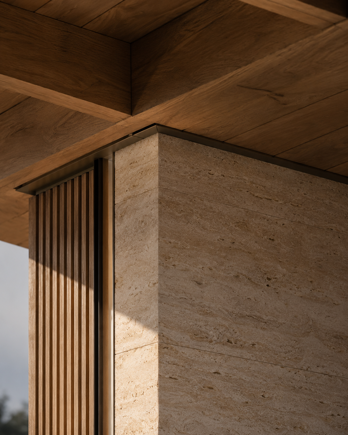 Close-up of a building corner featuring a beige stone wall, wooden paneling, and metal accents under a wooden roof.