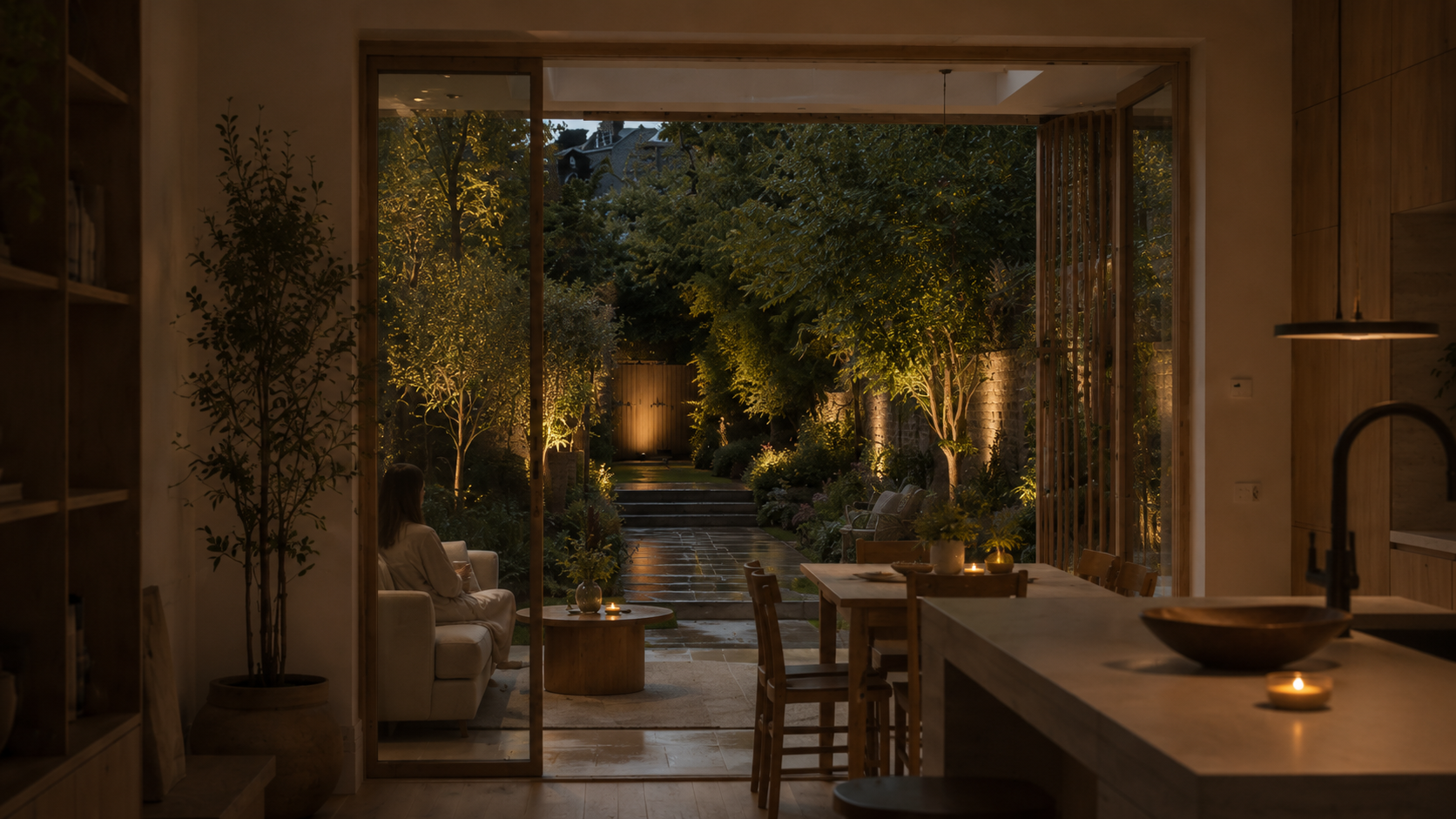 A woman sitting on a sofa inside a house, looking at a garden illuminated with outdoor lighting at dusk or night. The house has a large open sliding door leading to the garden with steps and lush greenery.