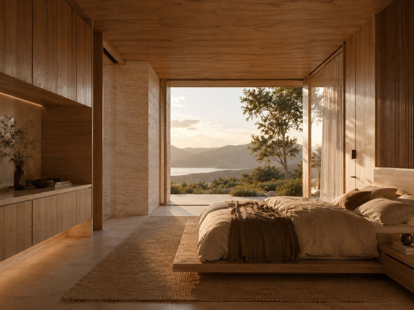 Modern bedroom with wooden walls and large open window overlooking mountains and lake at sunset, with a bed, pillows, and a bedside table.