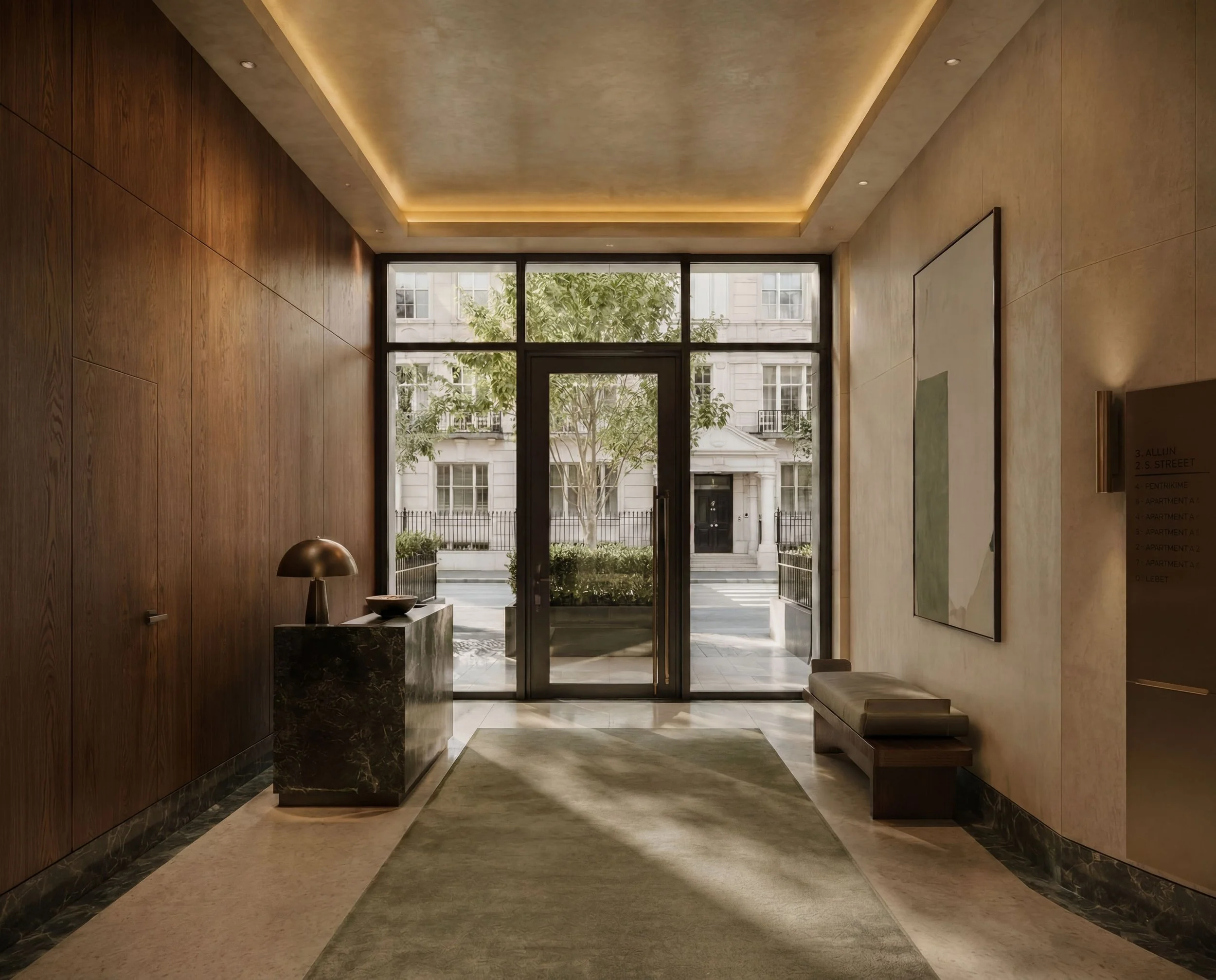 Modern hotel lobby with large glass door and windows, wooden wall panels, marble floors, a small marble table with a lamp and bowl, and a bench with books. Outside view of buildings and trees.