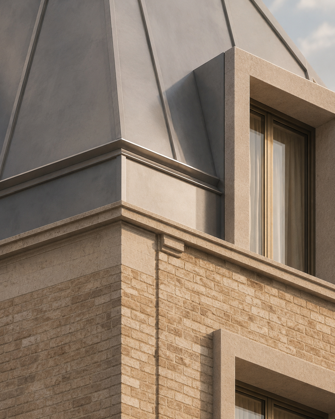 Close-up of a modern building corner with beige brick facade, concrete, and metal framing around a window.