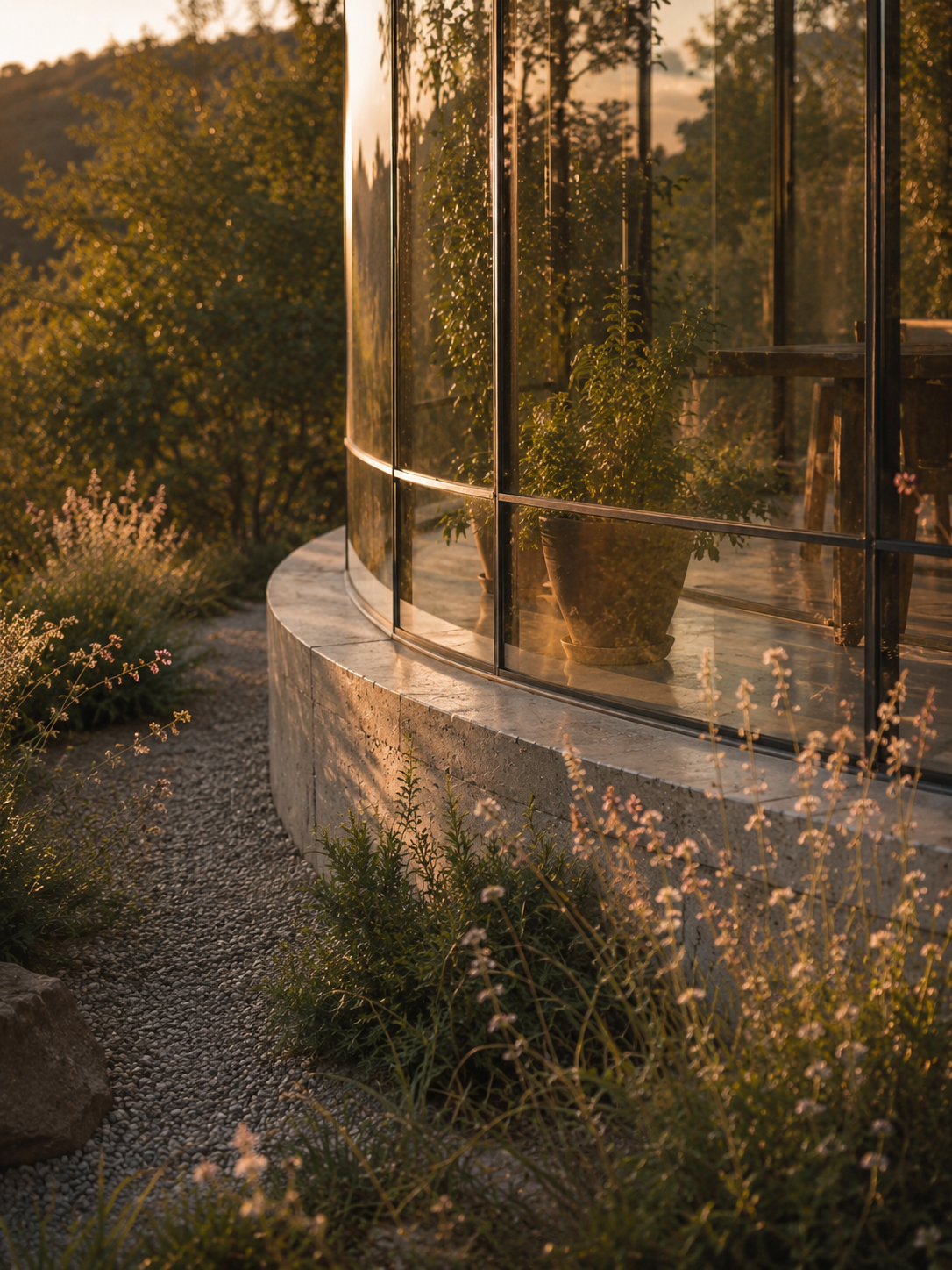 A glass greenhouse with a potted plant inside, reflecting the sunset, outdoor garden with flowering plants, and trees in the background.