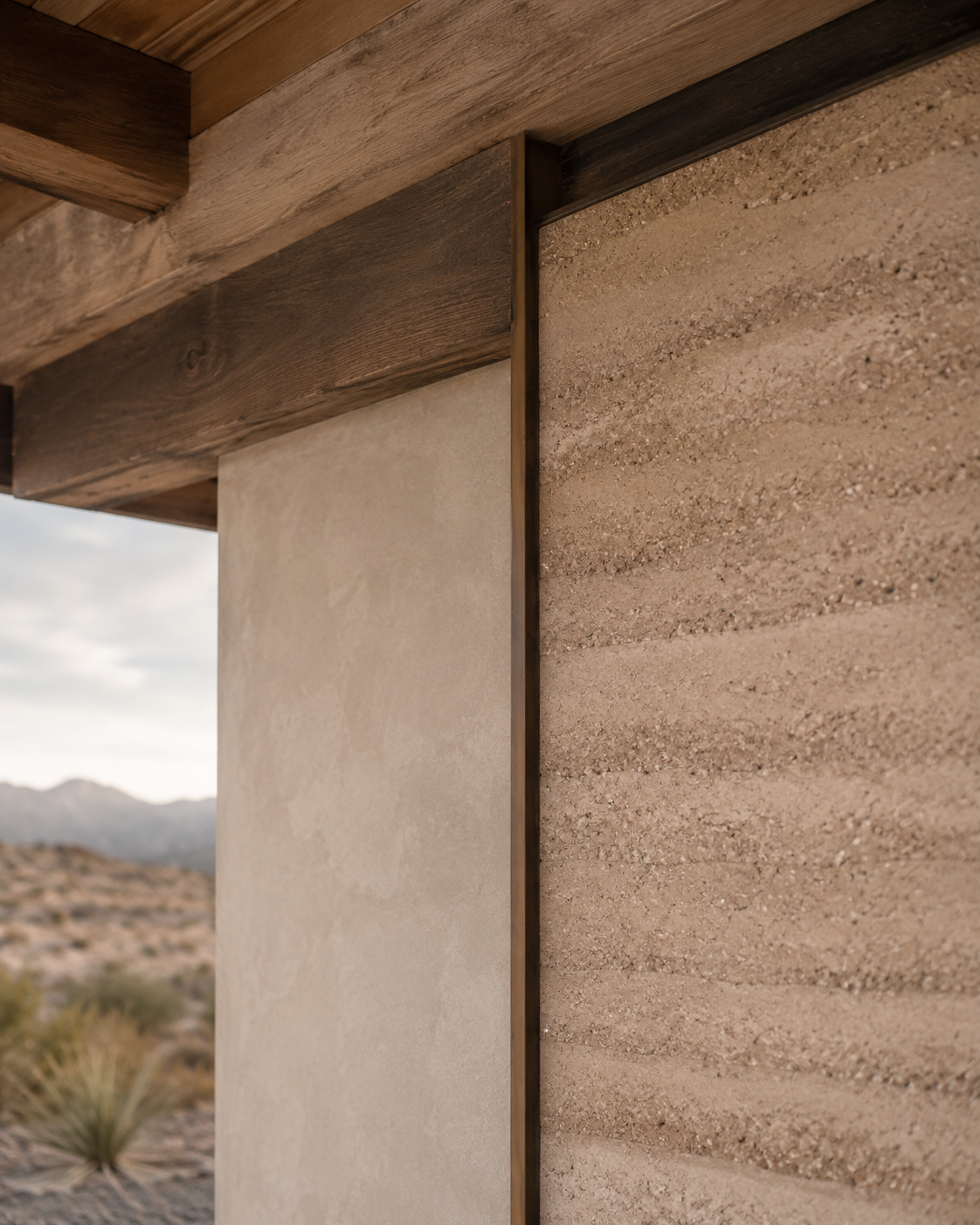 Close-up of the corner of a building showing wooden fascia, stucco wall, and textured concrete wall with desert mountains in background.