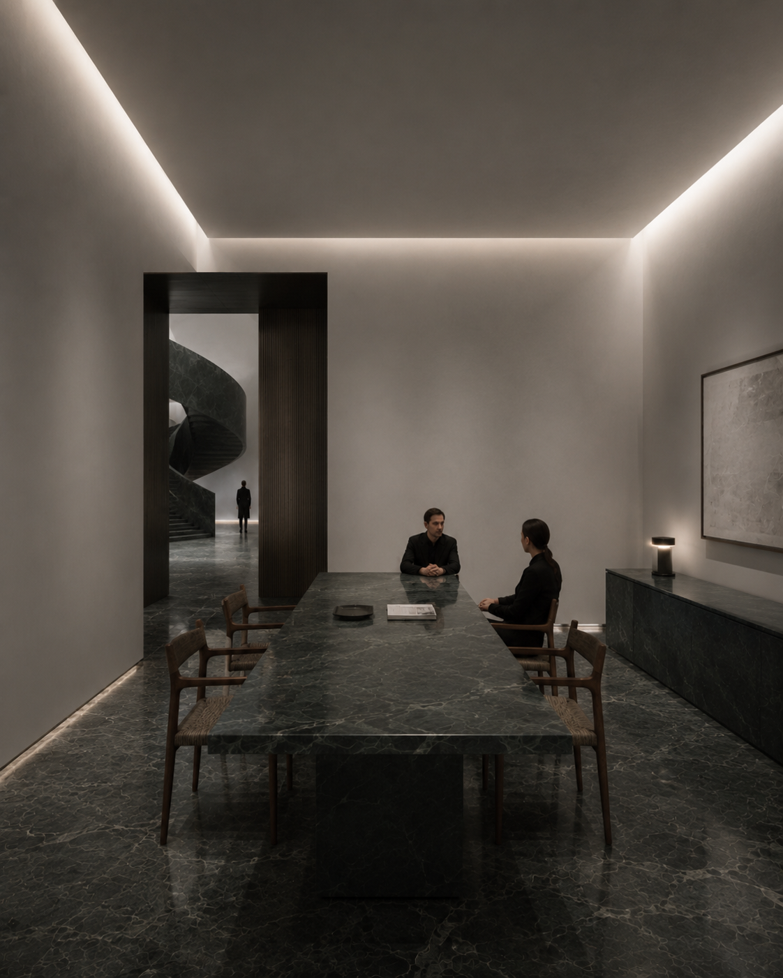 Two people sit at a dark marble conference table within a minimalist, dimly lit room, with a large abstract painting and a modern lamp on the side